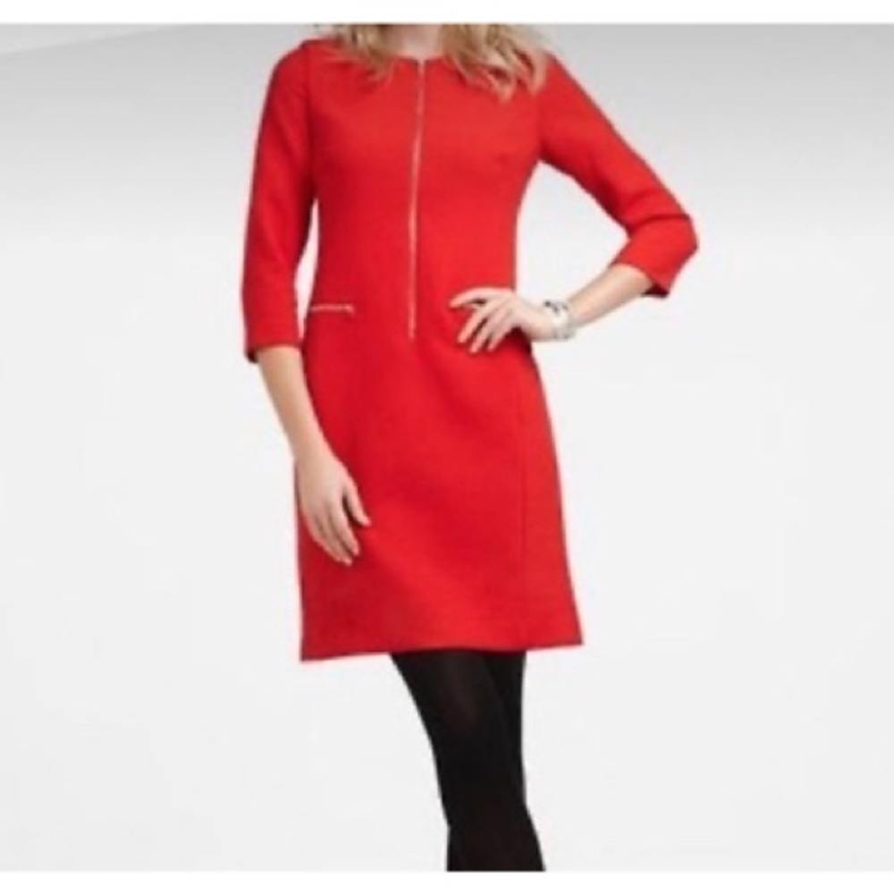 Ann Taylor 3/4” Sleeve Zip Front Knit Shift Red Dress